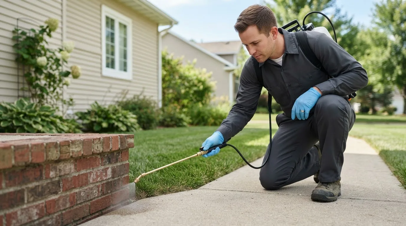 Pest control technician treating a home near Newport, VT